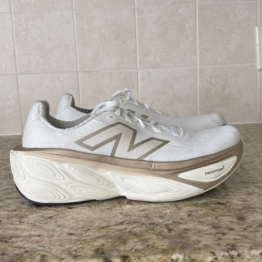 New Balance Fresh Foam x More v5 White and Gold Athletic Shoes